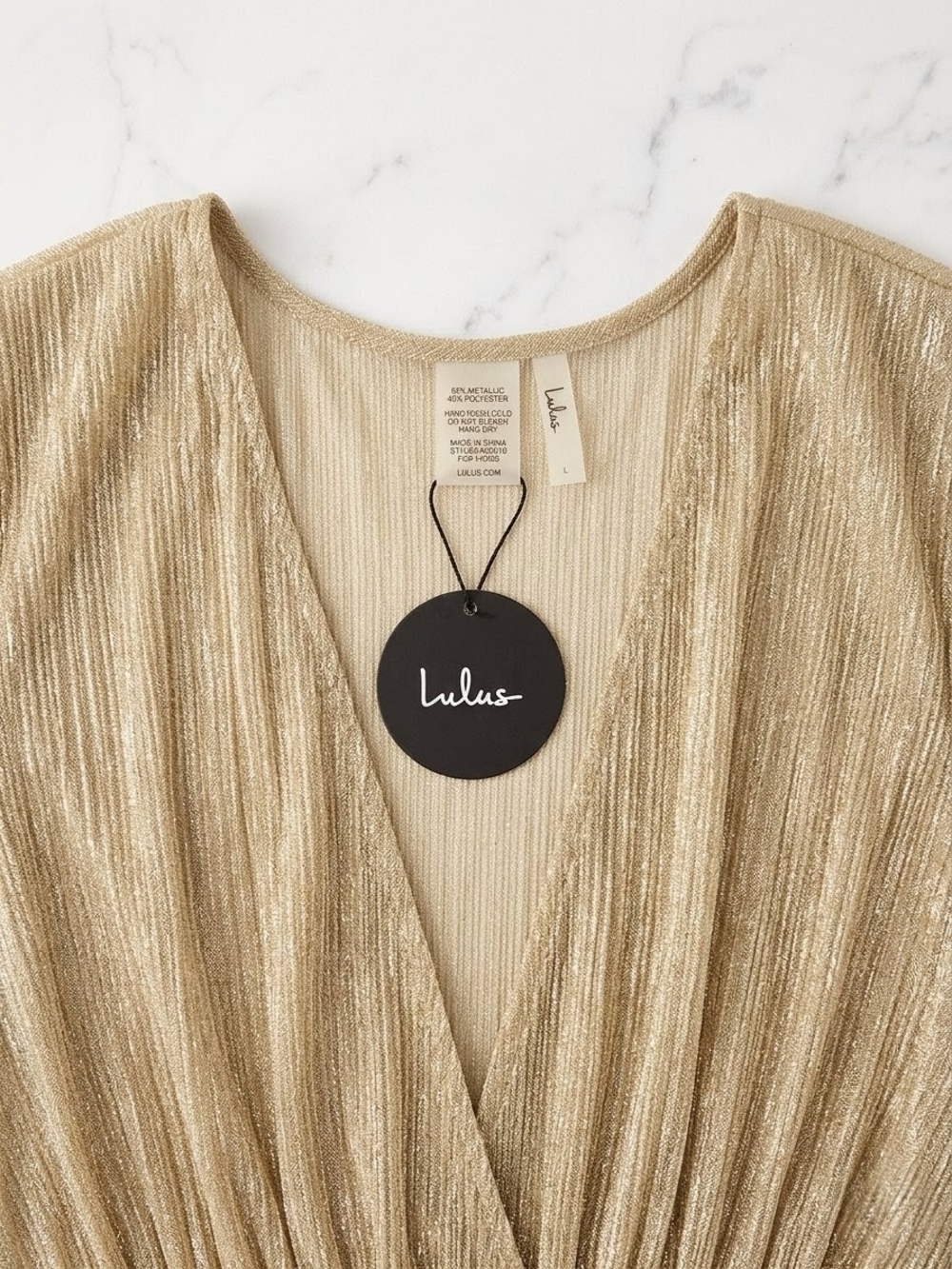 Lulu's Sheer Gold Metallic V-Neck Pleated Maxi Dress - Picture 2 of 3